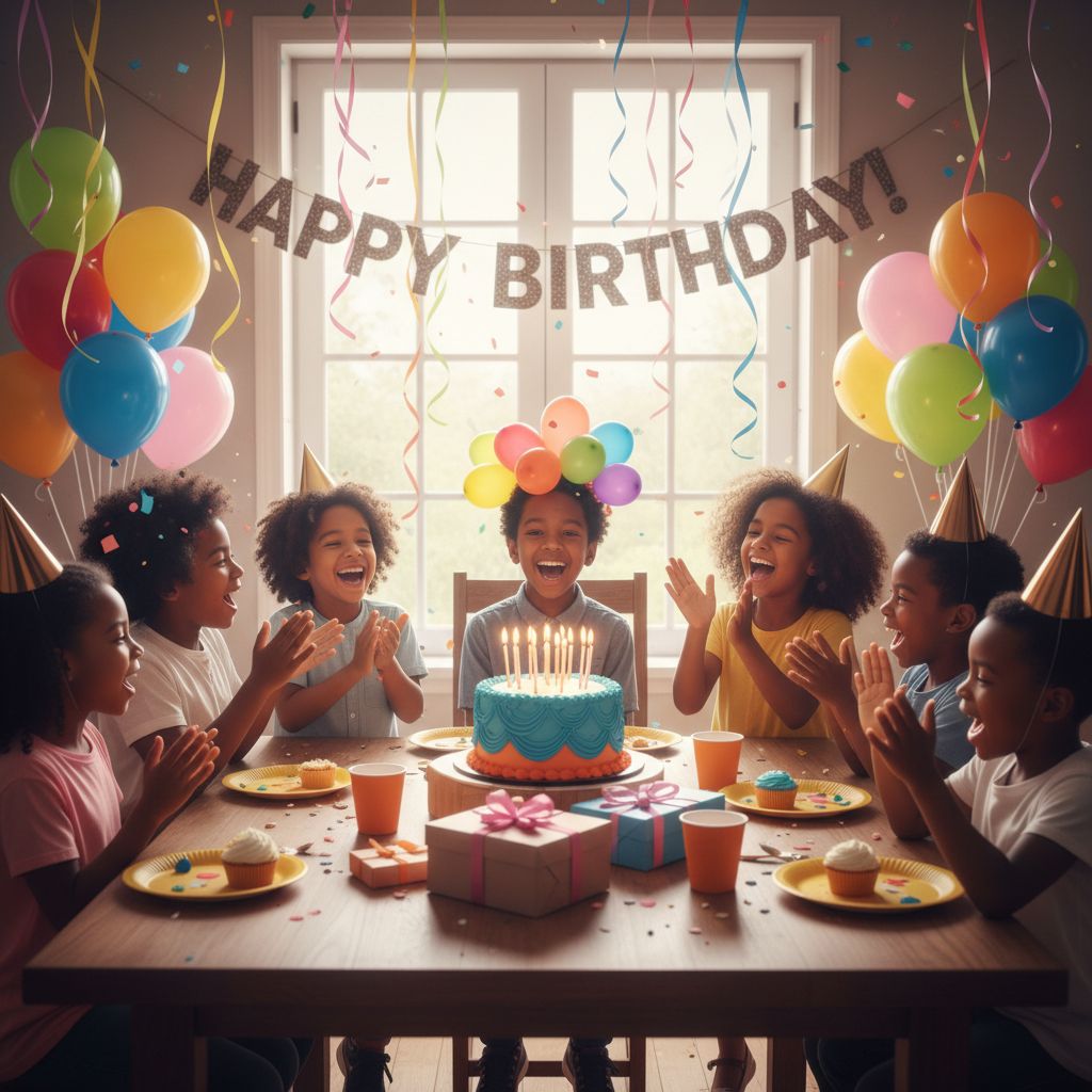 Birthday celebration with cake and balloons