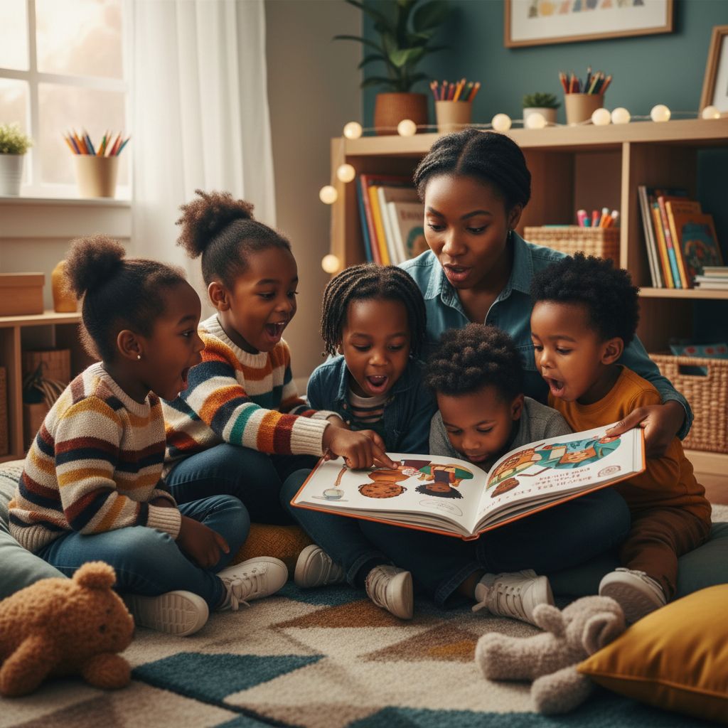 Teacher reading story to engaged children